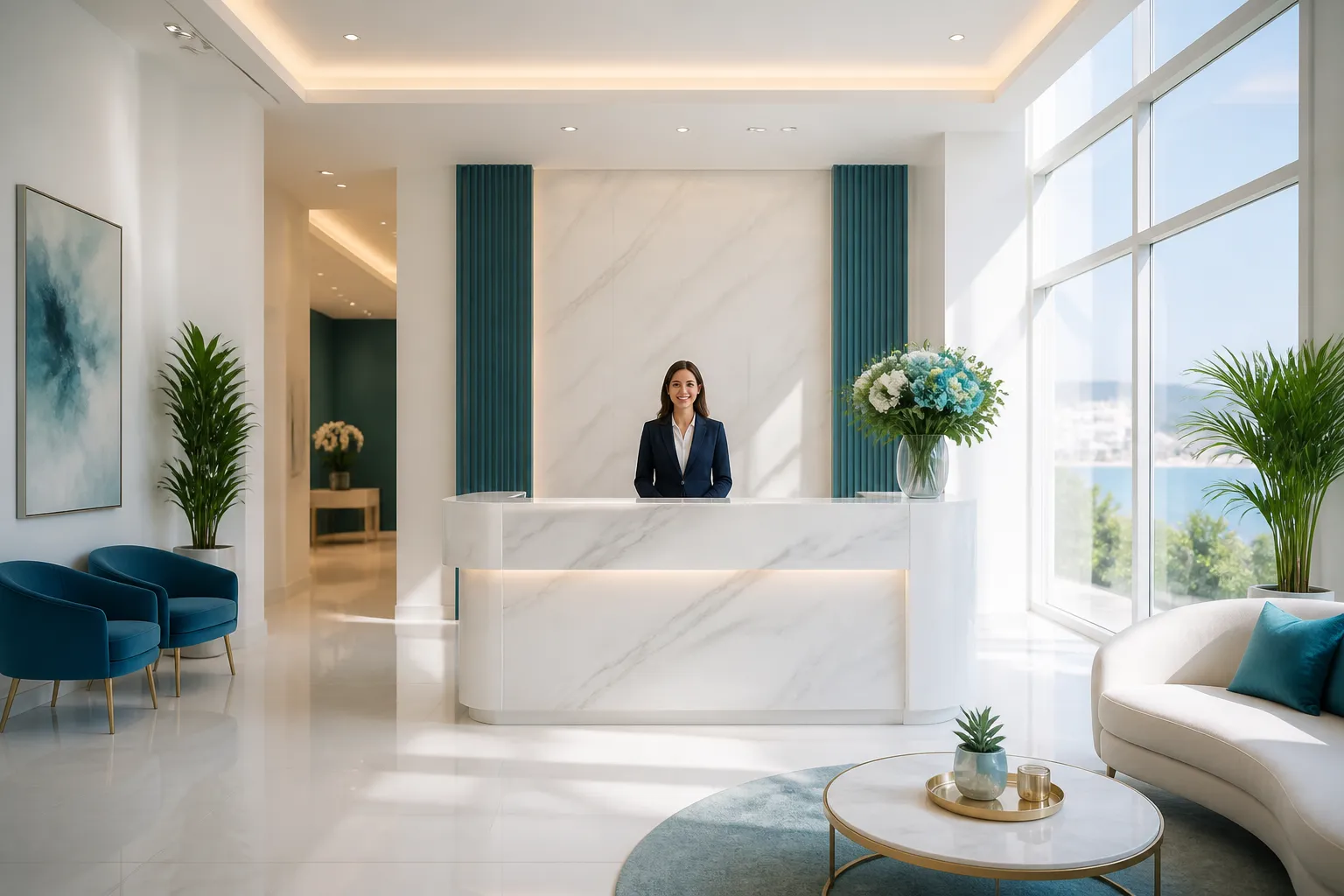 Modern private clinic reception with warm professional atmosphere