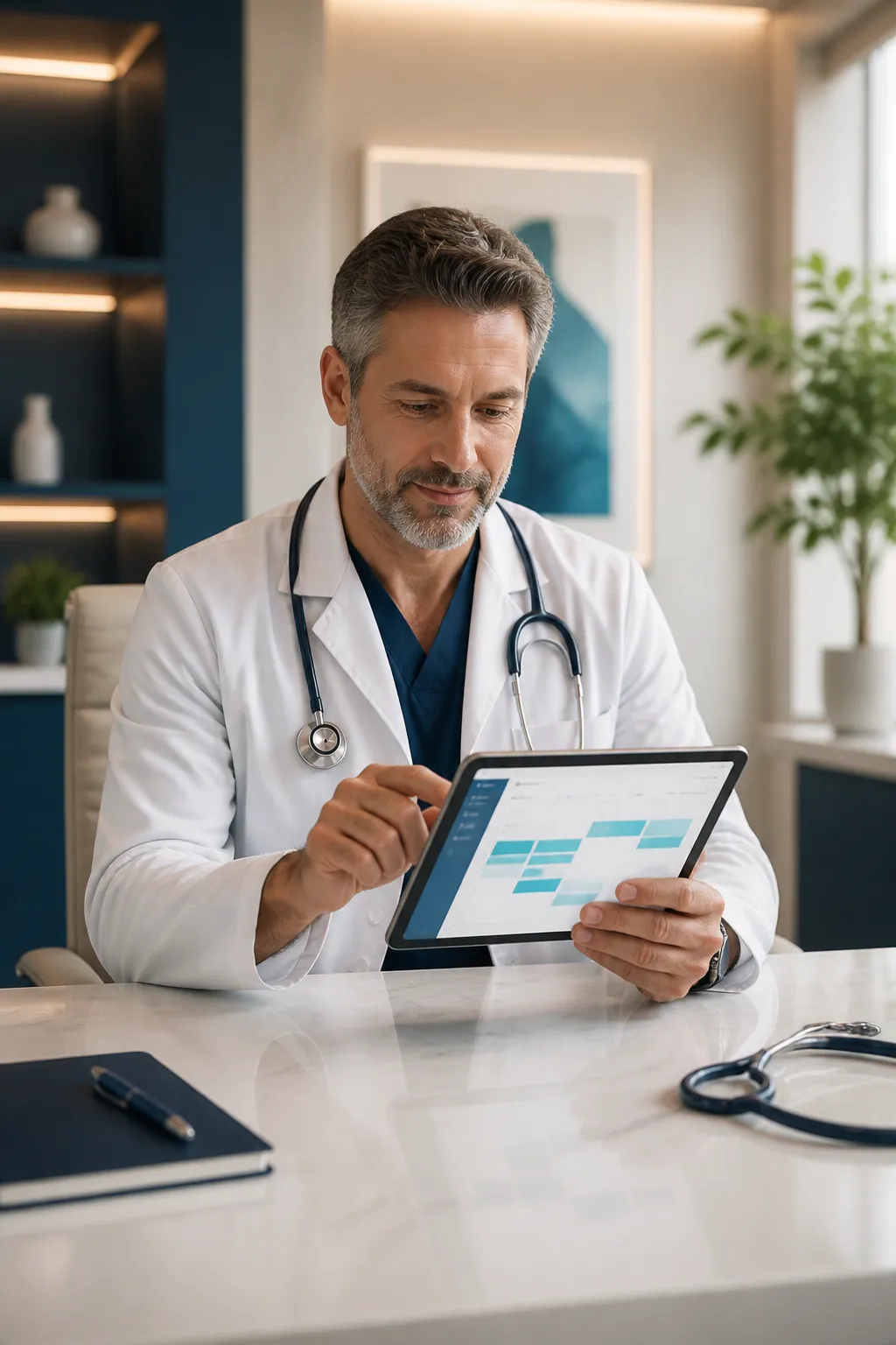 Doctor reviewing automated appointment calendar on tablet in modern clinic
