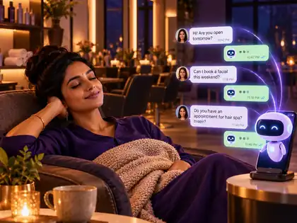 A salon owner resting at night while an AI assistant replies to customer messages on her phone