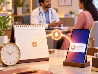 A desk calendar and phone with a reminder bell in a busy clinic